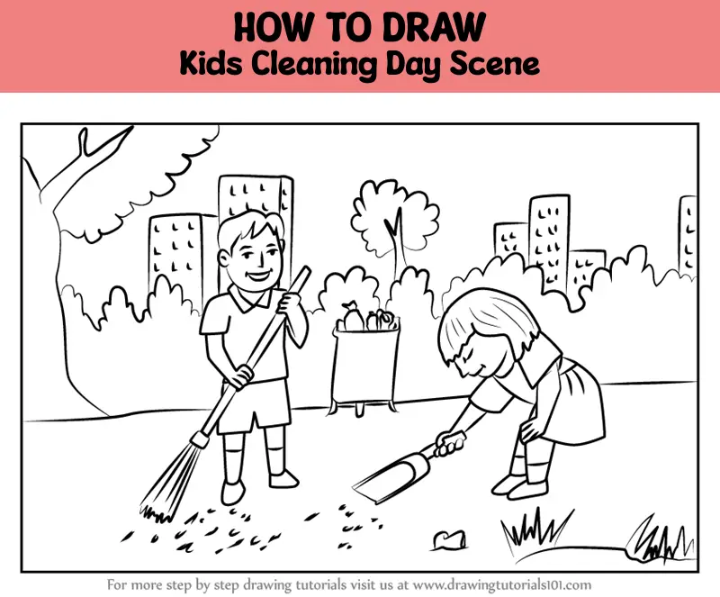 How to Draw Kids Cleaning Day Scene (Scenes) Step by Step |  DrawingTutorials101.com