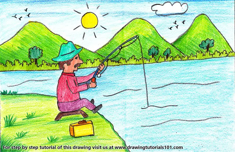 Man Fishing Scenery Color Pencil Drawing