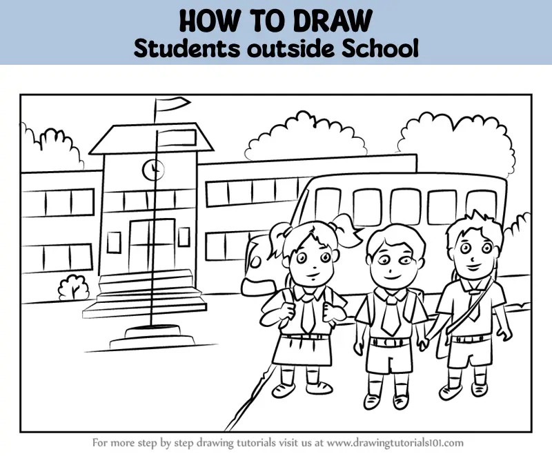 How to Draw Students outside School (Scenes) Step by Step ...