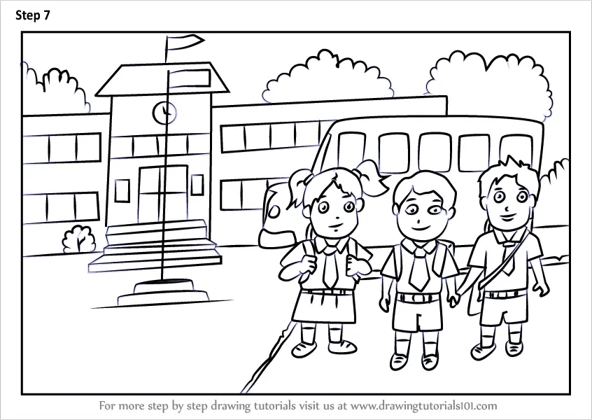 How to Draw Students outside School (Scenes) Step by Step