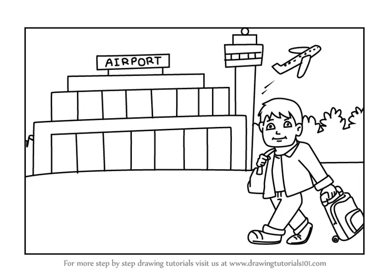 Learn How to Draw Traveller outside Airport (Scenes) Step by Step