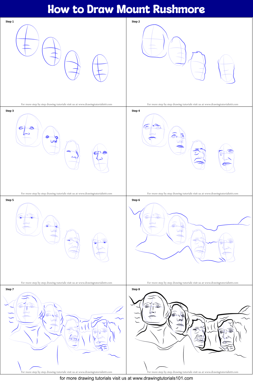 How to Draw Mount Rushmore printable step by step drawing 