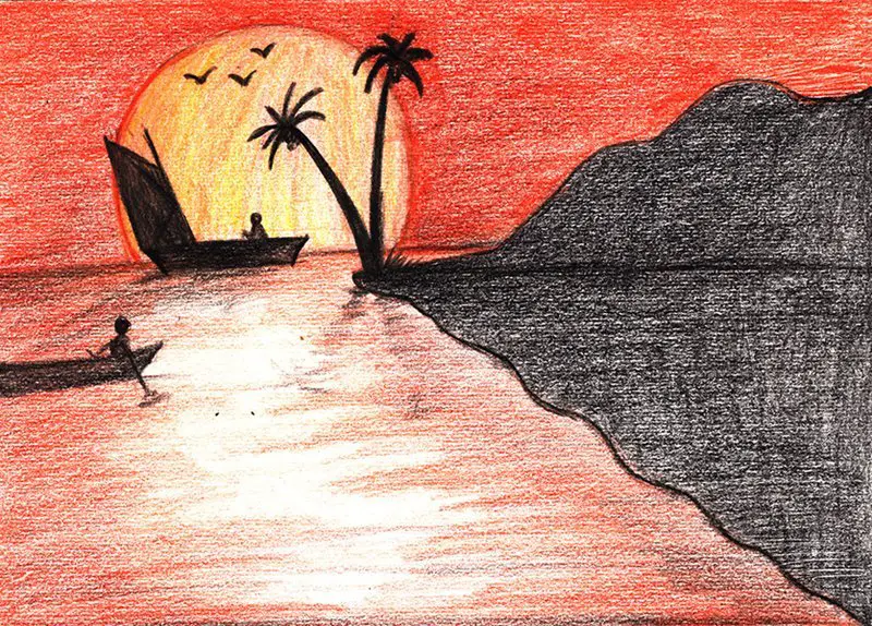 How to Draw Beach Sunset Scenery with Oil Pastels ⛱️ Beach Drawing for B...  : r/drawing