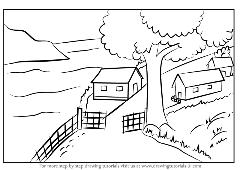 How to Draw A Beautiful Village Scenery (Villages) Step by Step