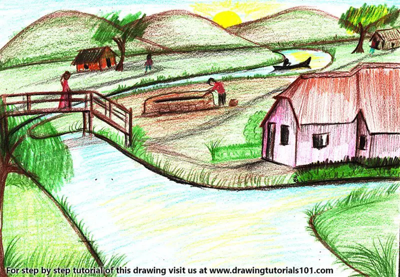 Beauty of Indian Village Drawing | Village drawing, Life drawing, Pencil  sketches landscape