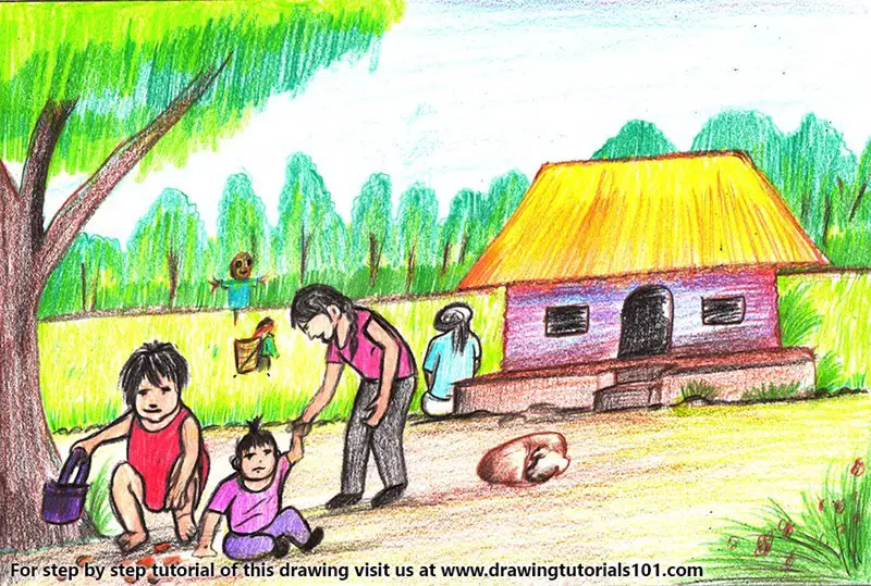 How to draw the scenery of village life easyscenery of people busy in the  village step by step  YouTube