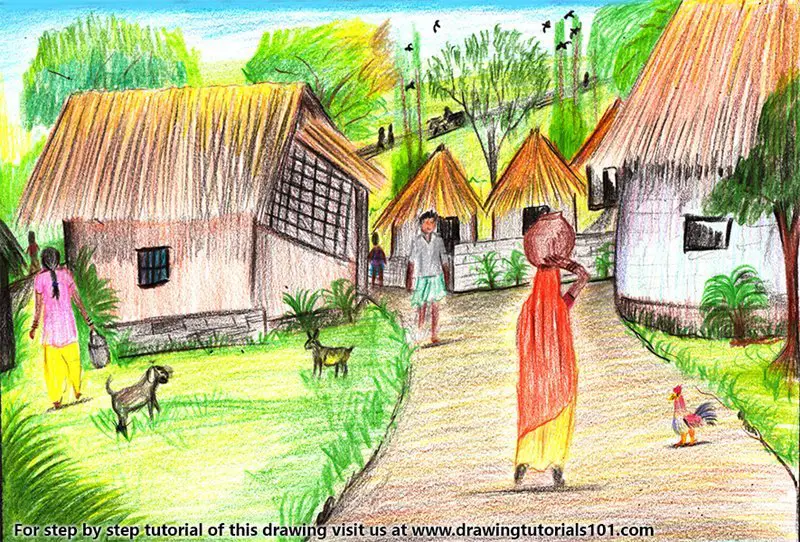 Indian Village Scene with Houses and Trees Stock Illustration -  Illustration of classic, sketch: 174685152