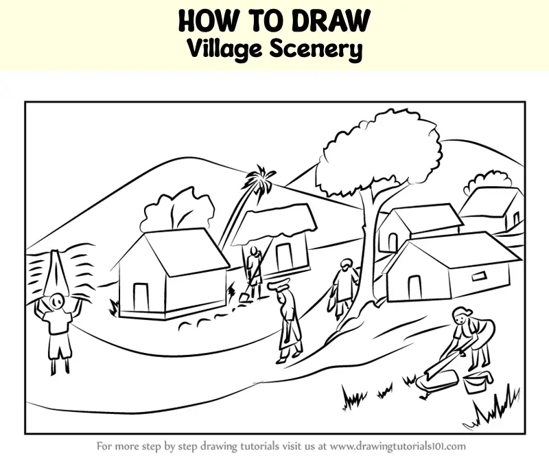 village drawing colour step by step / Beautiful village scenery drawing  eazy - YouTube