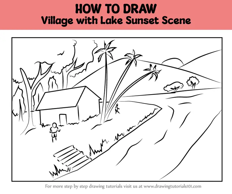Sunset Village nature drawing painting | drawing sunset village - YouTube