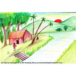 How to Draw Village with Lake Sunset Scene
