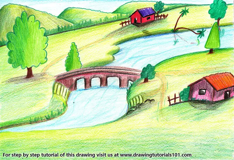Village With River Colored Pencils Drawing Village With River With