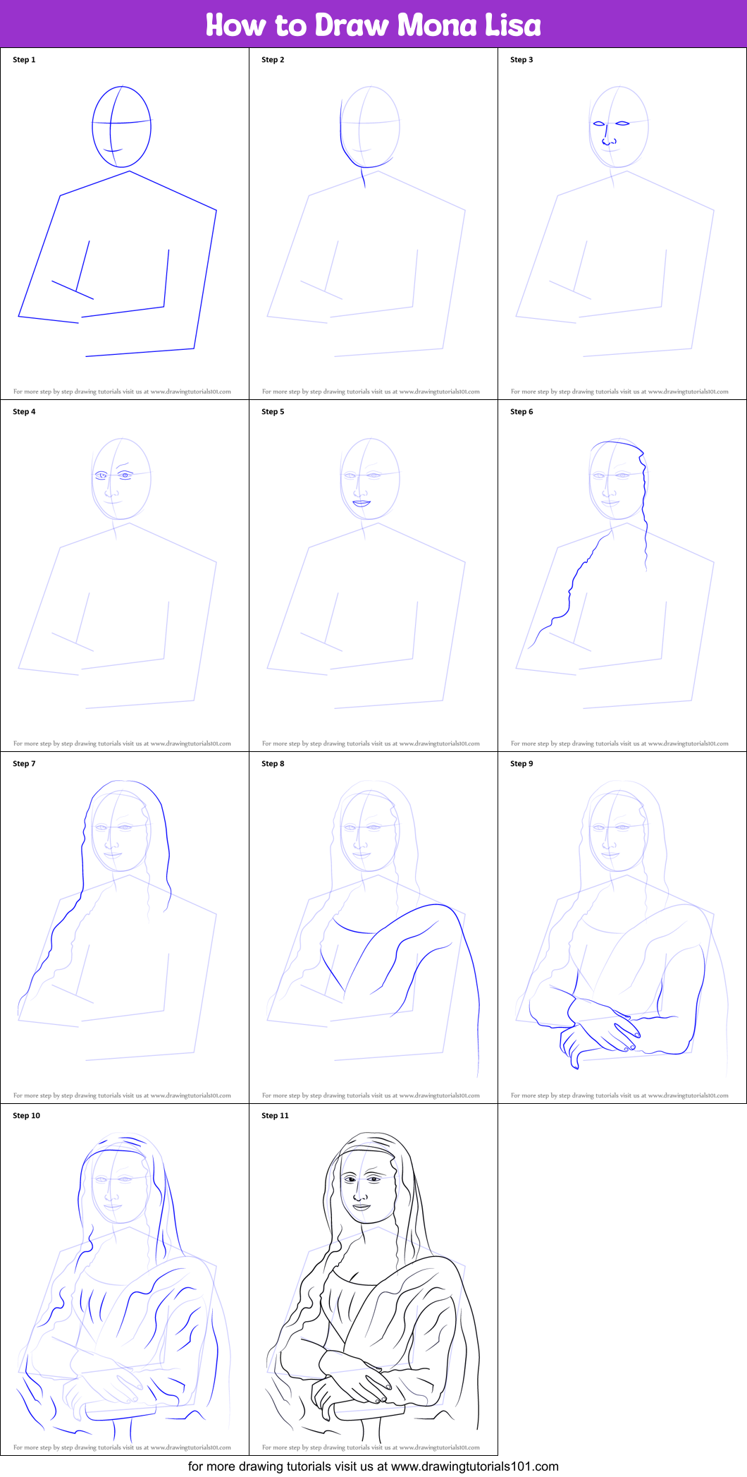 How to Draw Mona Lisa printable step by step drawing sheet