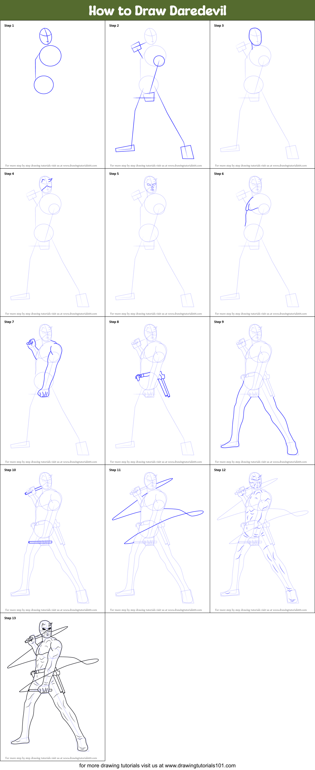 How to Draw Daredevil printable step by step drawing sheet 