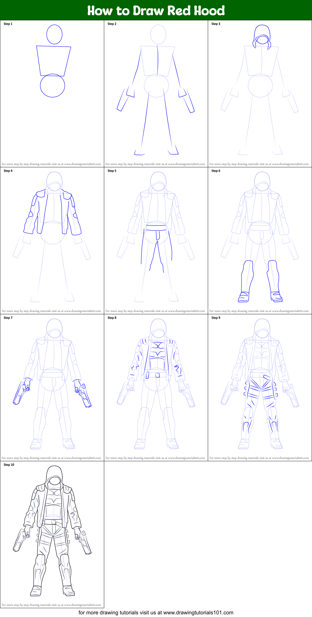How to Draw Red Hood printable step by step drawing sheet 