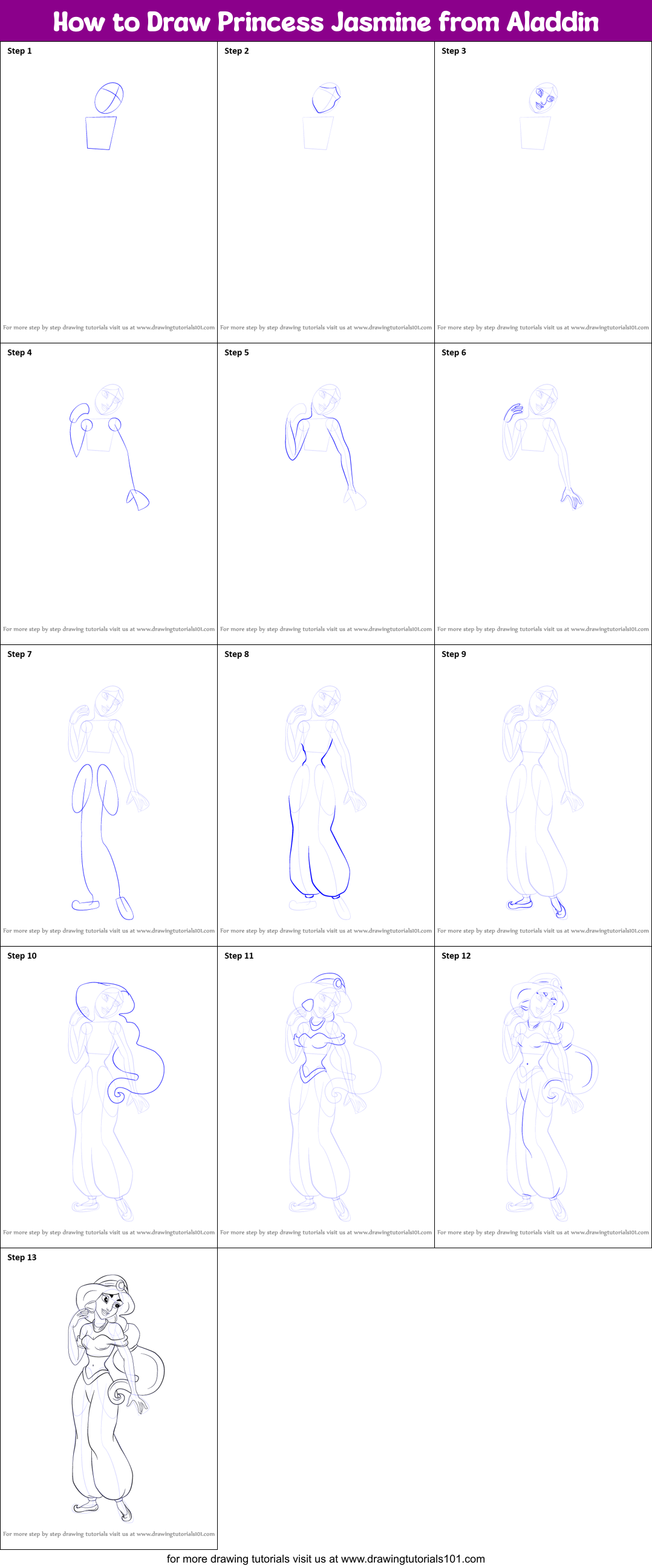 How To Draw Princess Jasmine From Aladdin Printable Step By Step