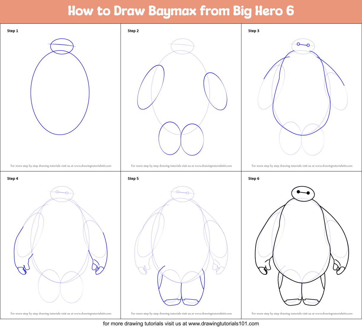 How to Draw Baymax from Big Hero 6 printable step by step drawing sheet