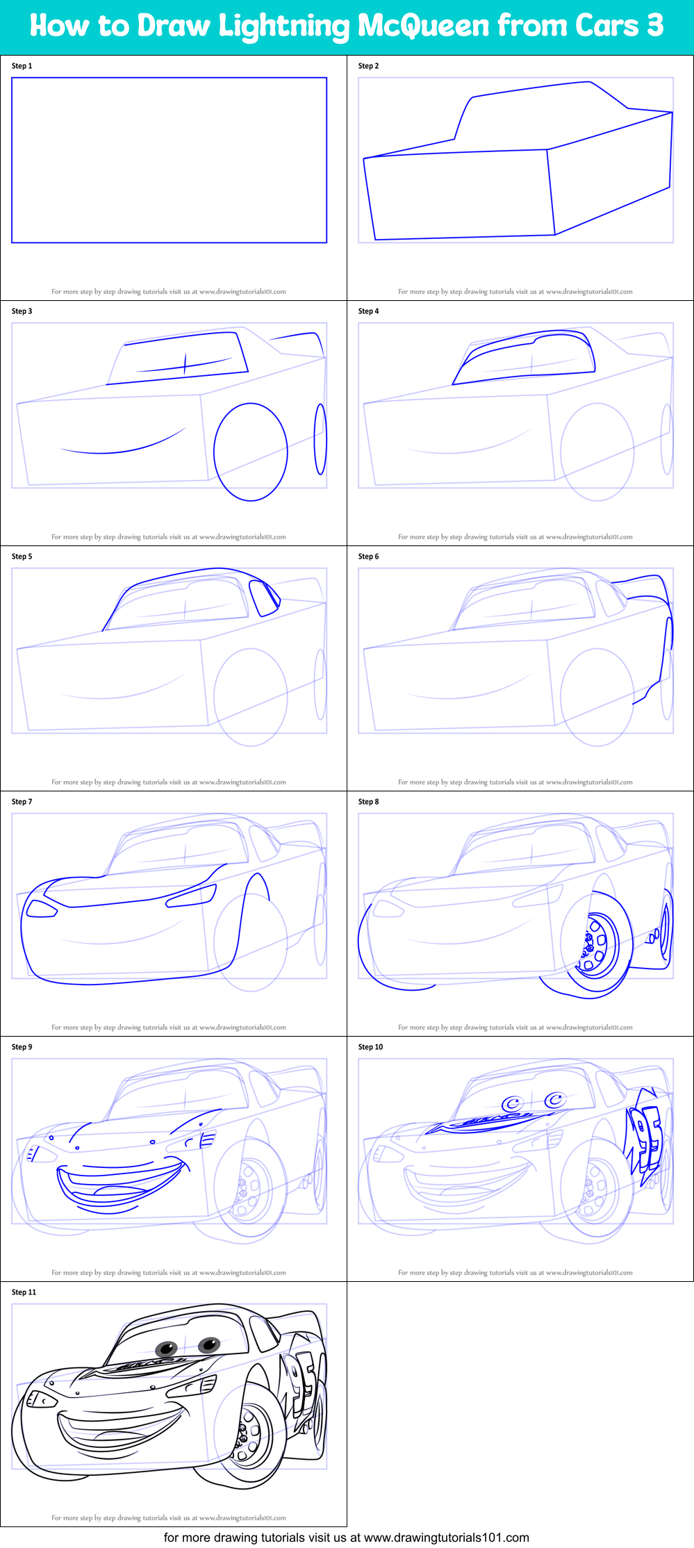 How to Draw Lightning McQueen from Cars 3 printable step by step