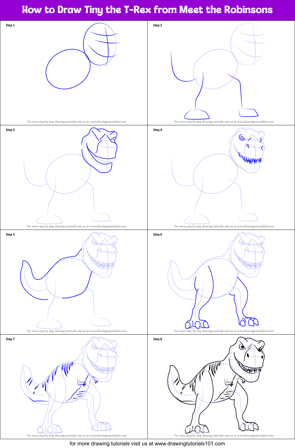 How to Draw Tiny the T-Rex from Meet the Robinsons printable step by 