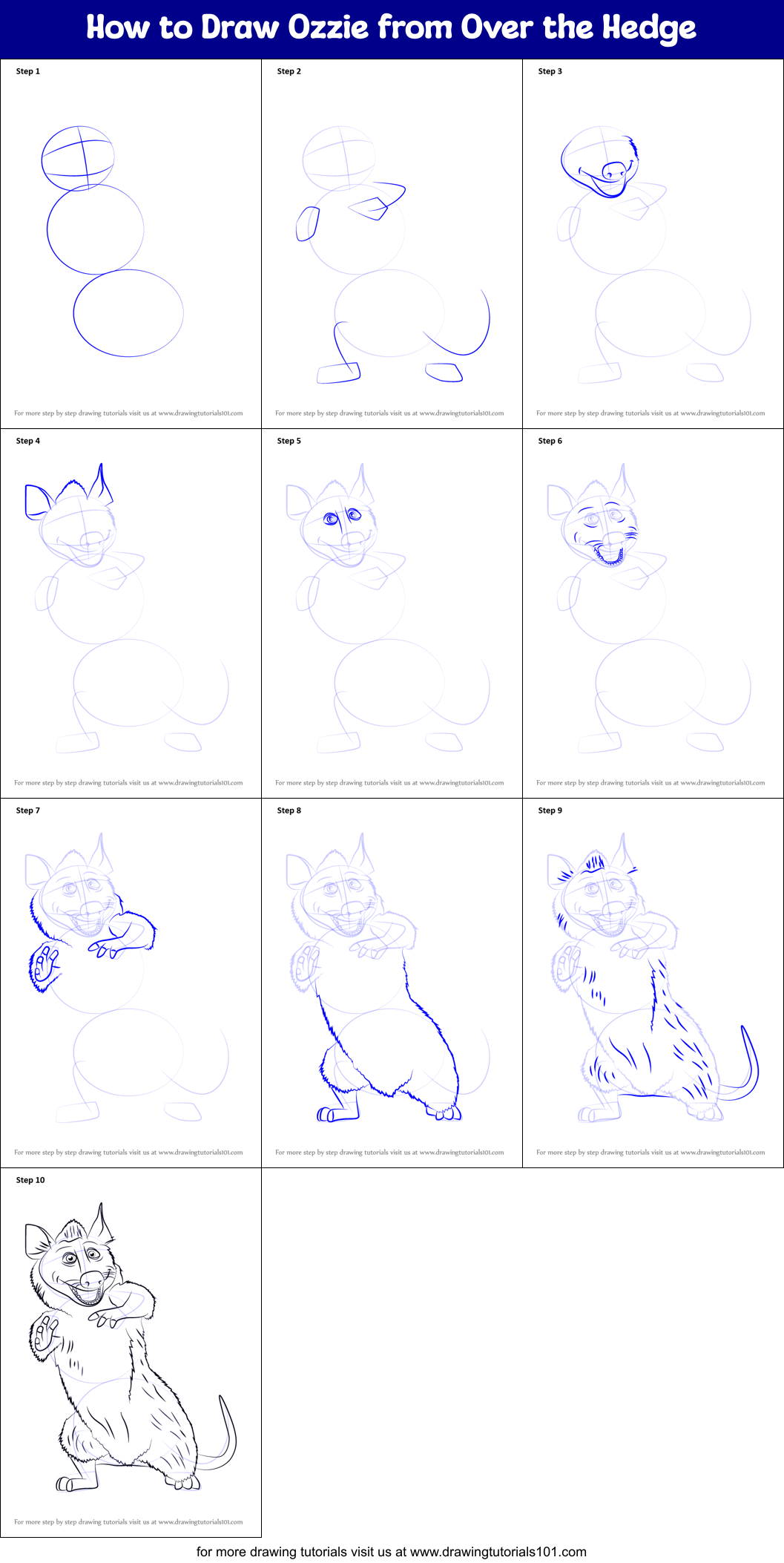 How to Draw Ozzie from Over the Hedge printable step by step drawing ...