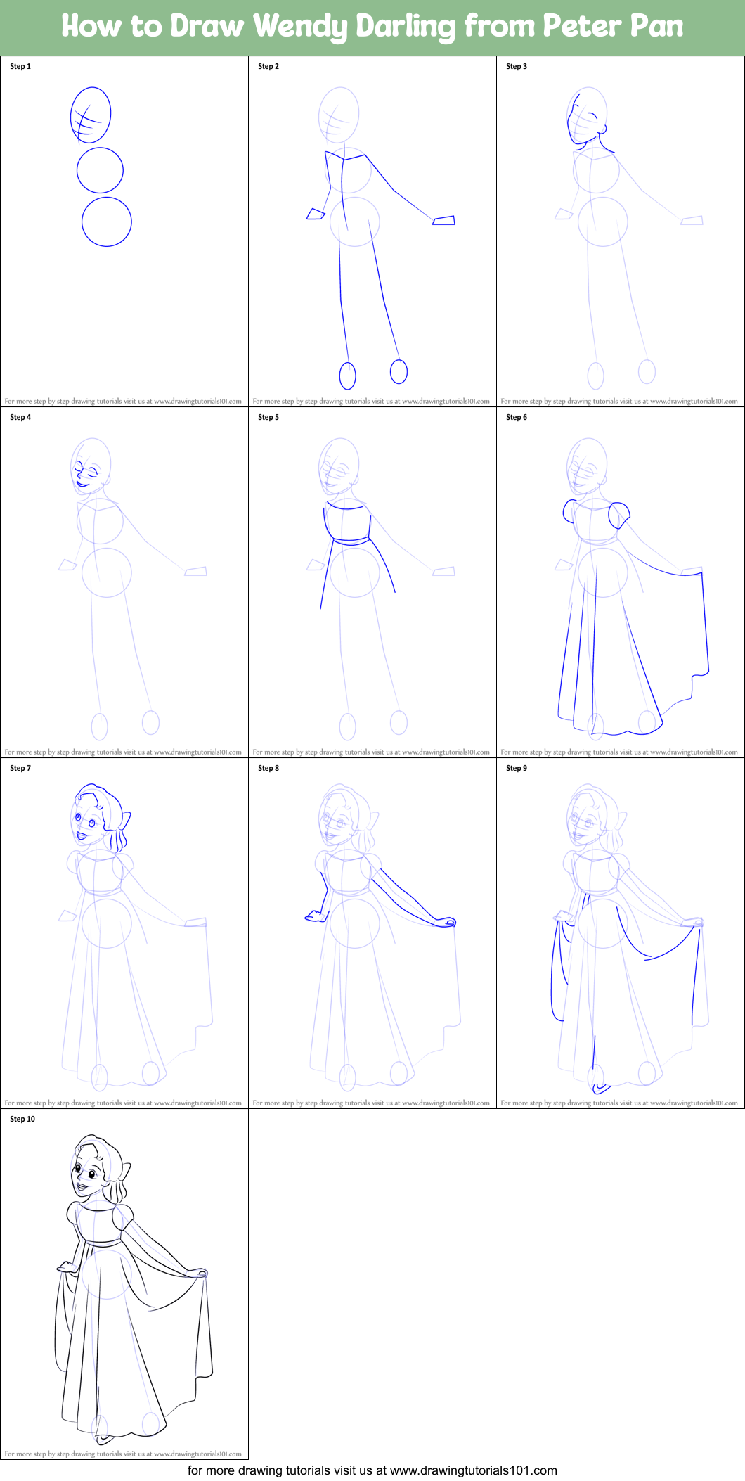 How to Draw Wendy Darling from Peter Pan printable step by 