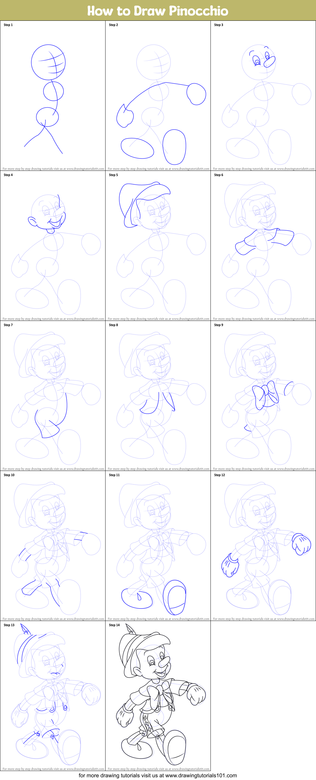 How to Draw Pinocchio printable step by step drawing sheet