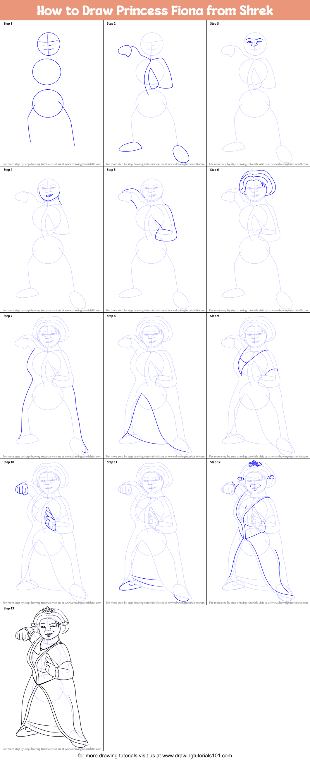 Download How to Draw Princess Fiona from Shrek printable step by step drawing sheet : DrawingTutorials101.com