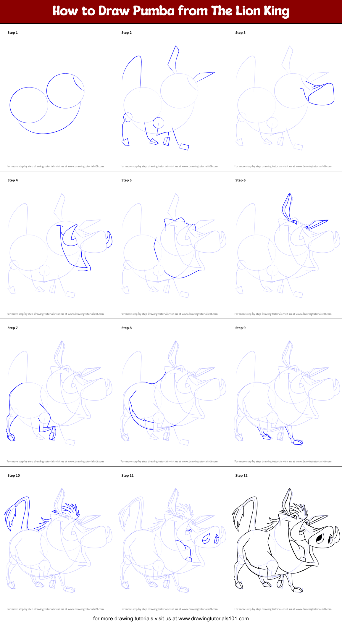 How to Draw Pumba from The Lion King printable step by 