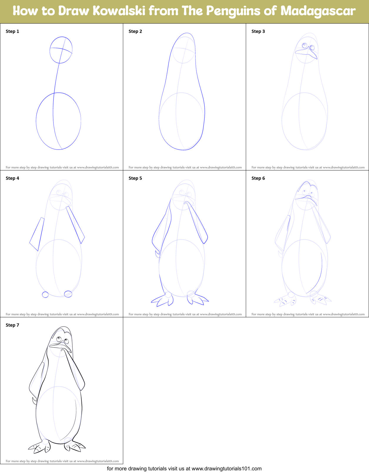 How to Draw Kowalski from The Penguins of Madagascar (The Penguins of ...