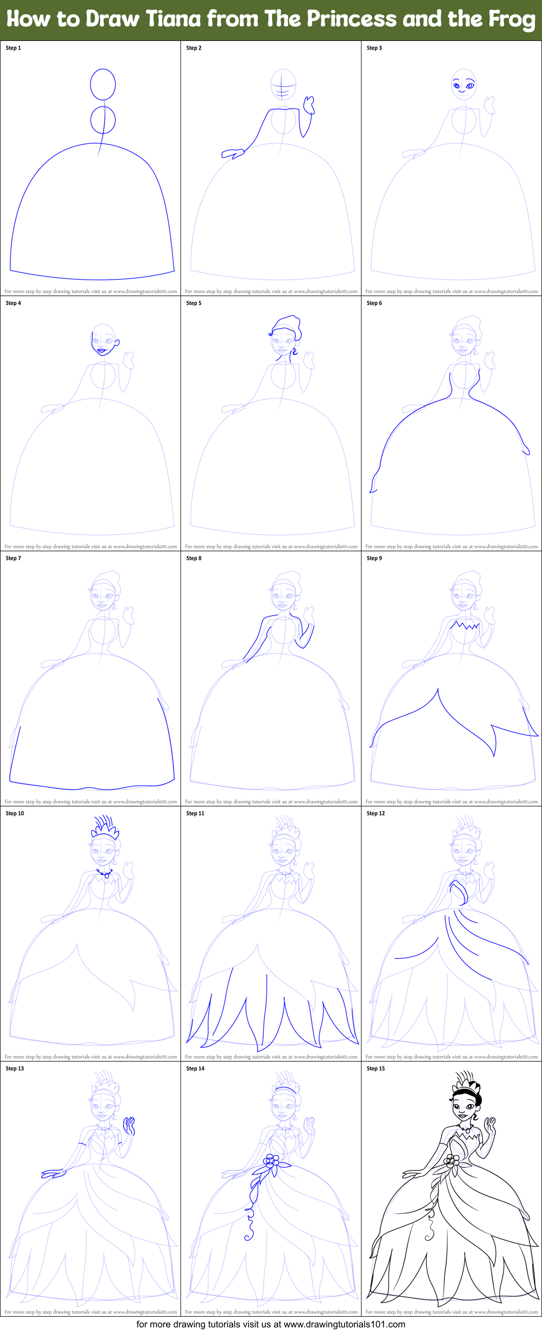 How to Draw Tiana from The Princess and the Frog printable step by step