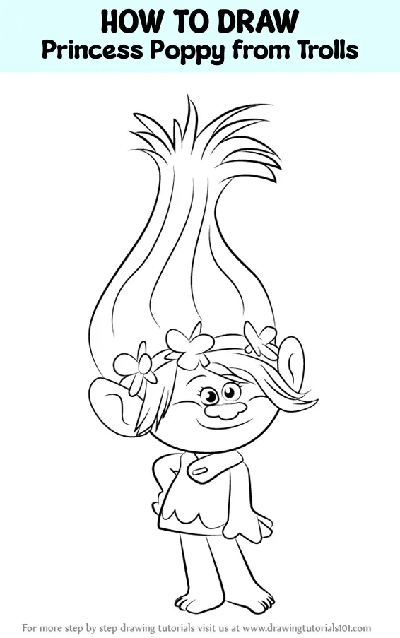 How to Draw Princess Poppy from Trolls - DrawingTutorials101.com  Poppy  coloring page, Disney coloring pages, Cartoon coloring pages
