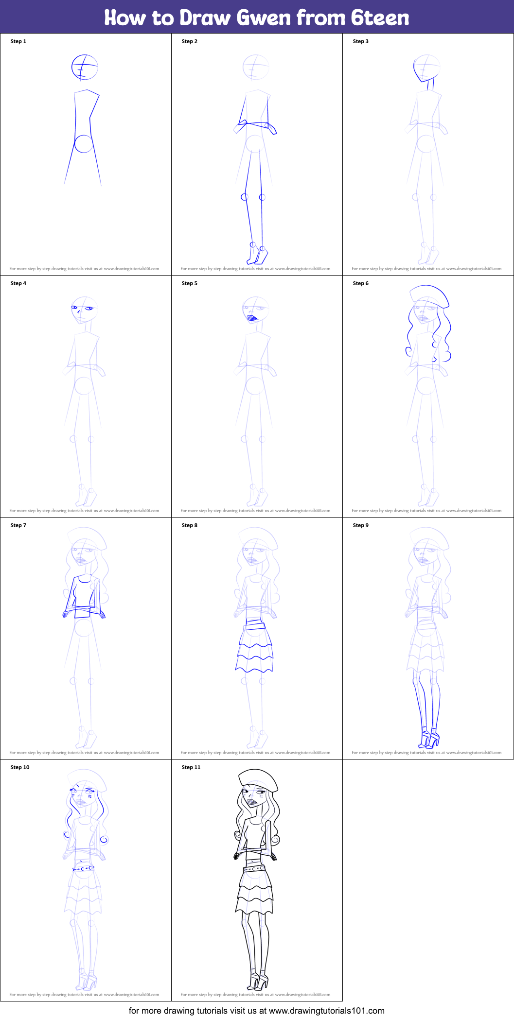 How To Draw Gwen From 6teen Printable Step By Step Drawing Sheet 