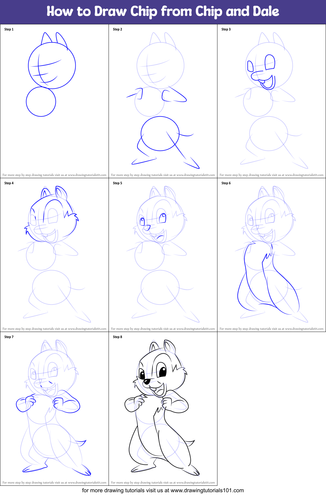 Download How to Draw Chip from Chip and Dale printable step by step drawing sheet : DrawingTutorials101.com