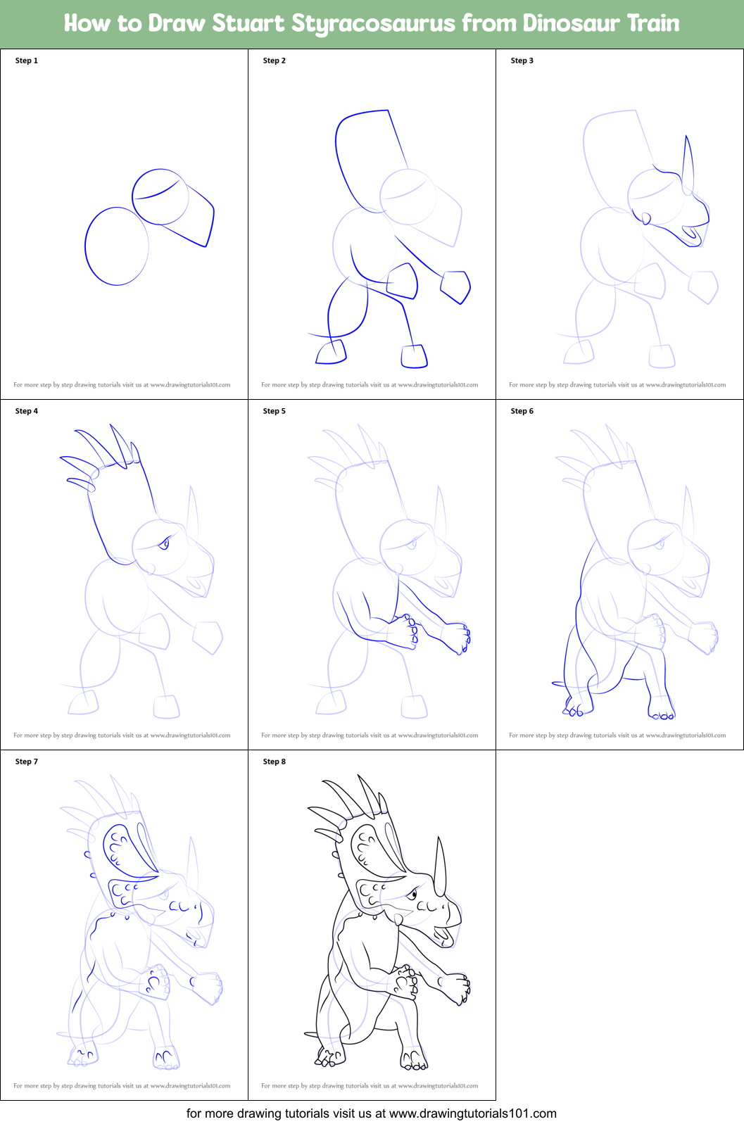 Download How to Draw Stuart Styracosaurus from Dinosaur Train printable step by step drawing sheet ...