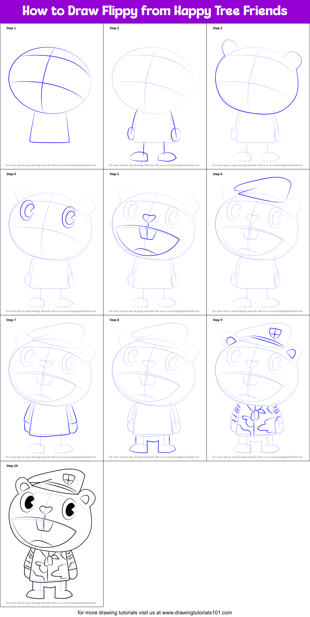 How to Draw Flippy from Happy Tree Friends printable step by step