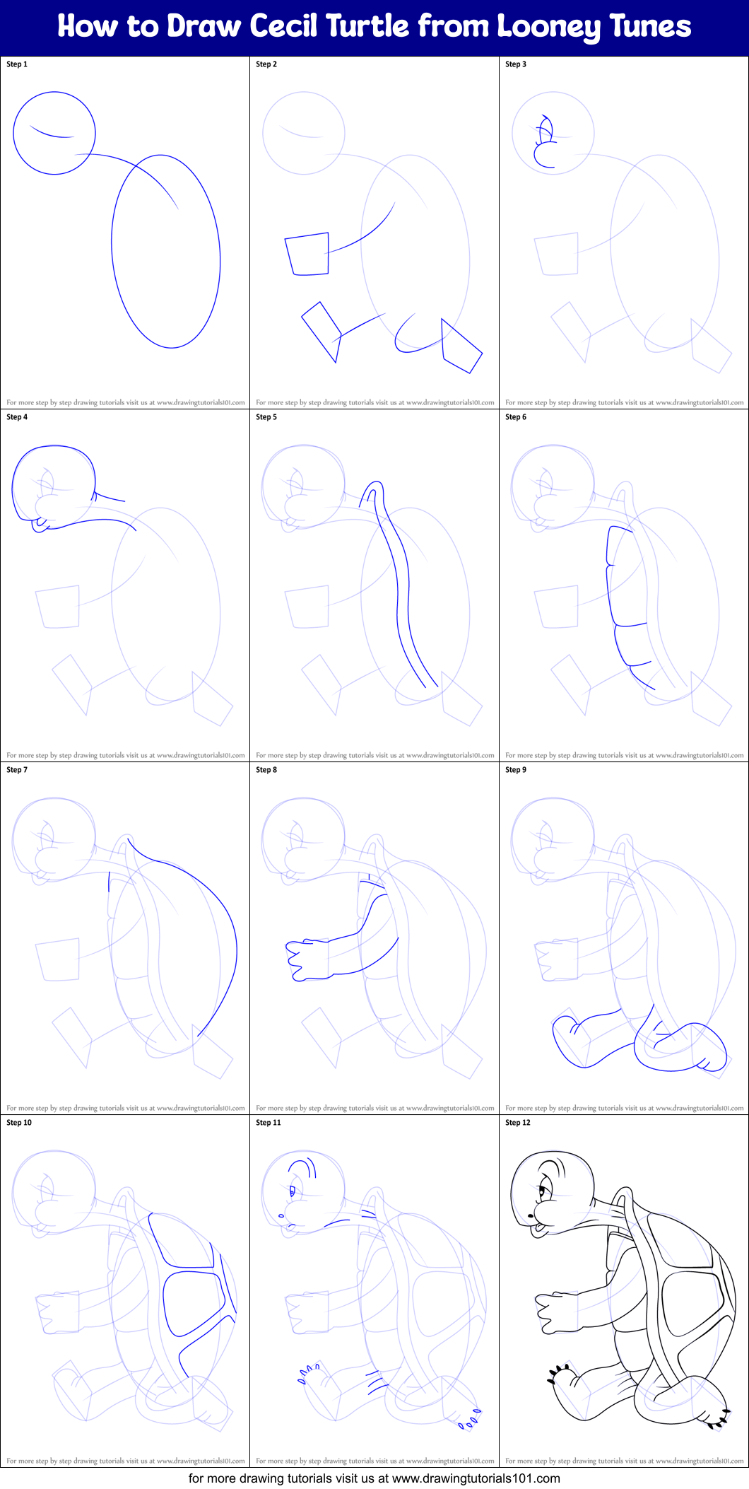 How to Draw Cecil Turtle from Looney Tunes printable step by step