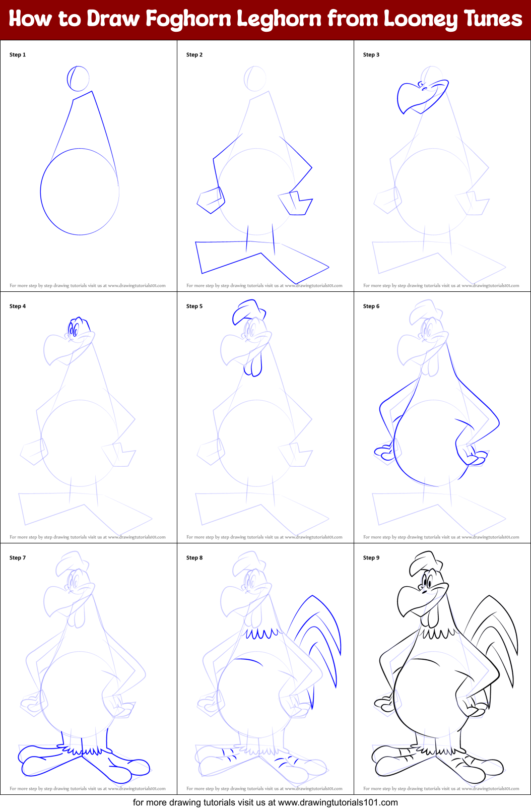 How to Draw Foghorn Leghorn from Looney Tunes printable step by step