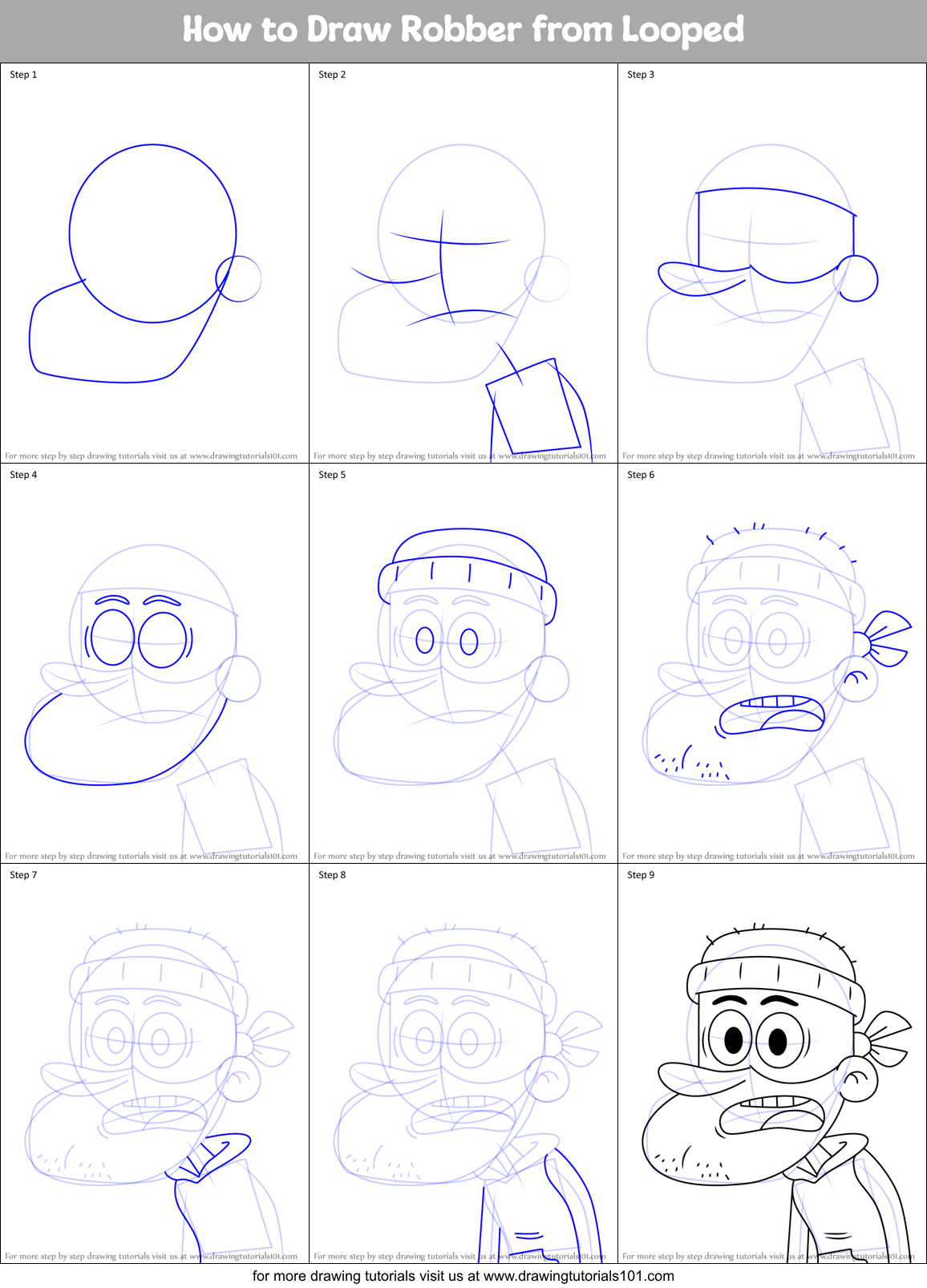 How to Draw Robber from Looped printable step by step drawing sheet