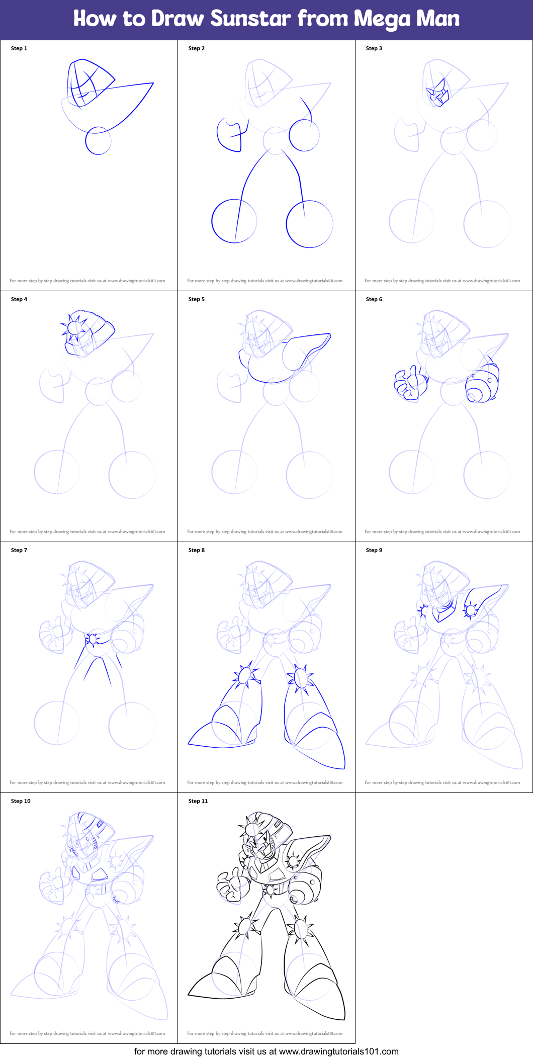 How to Draw Sunstar from Mega Man printable step by step drawing sheet ...