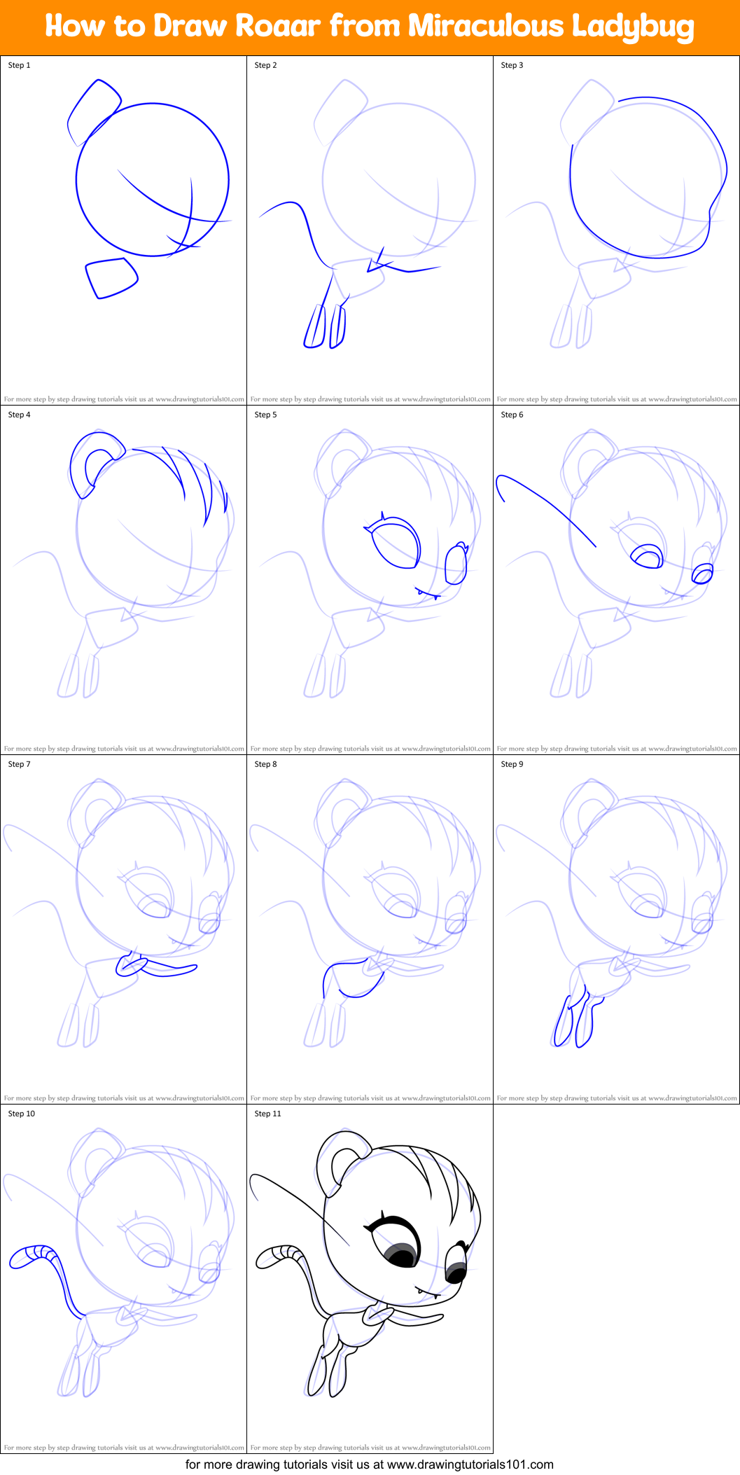 How to Draw Roaar from Miraculous Ladybug printable step by step