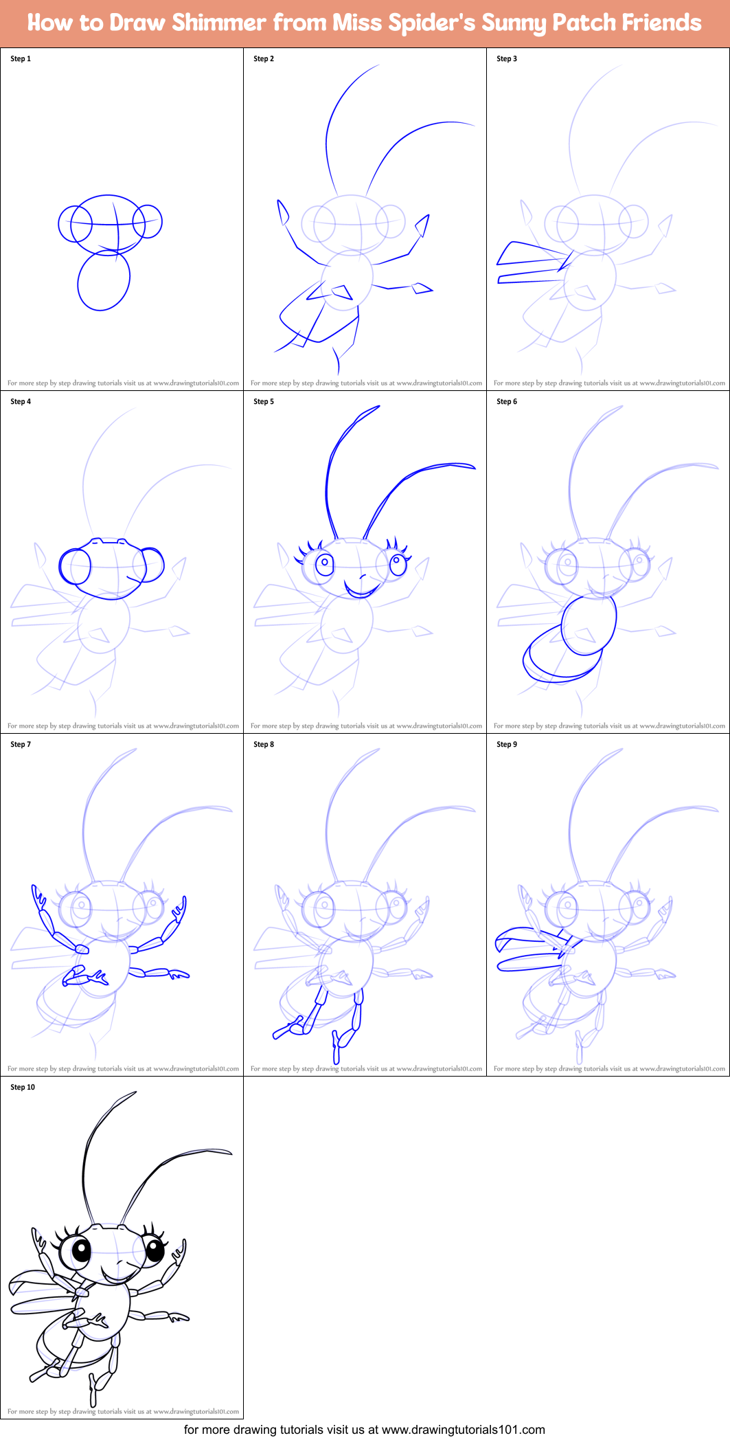 How to Draw Shimmer from Miss Spider's Sunny Patch Friends printable