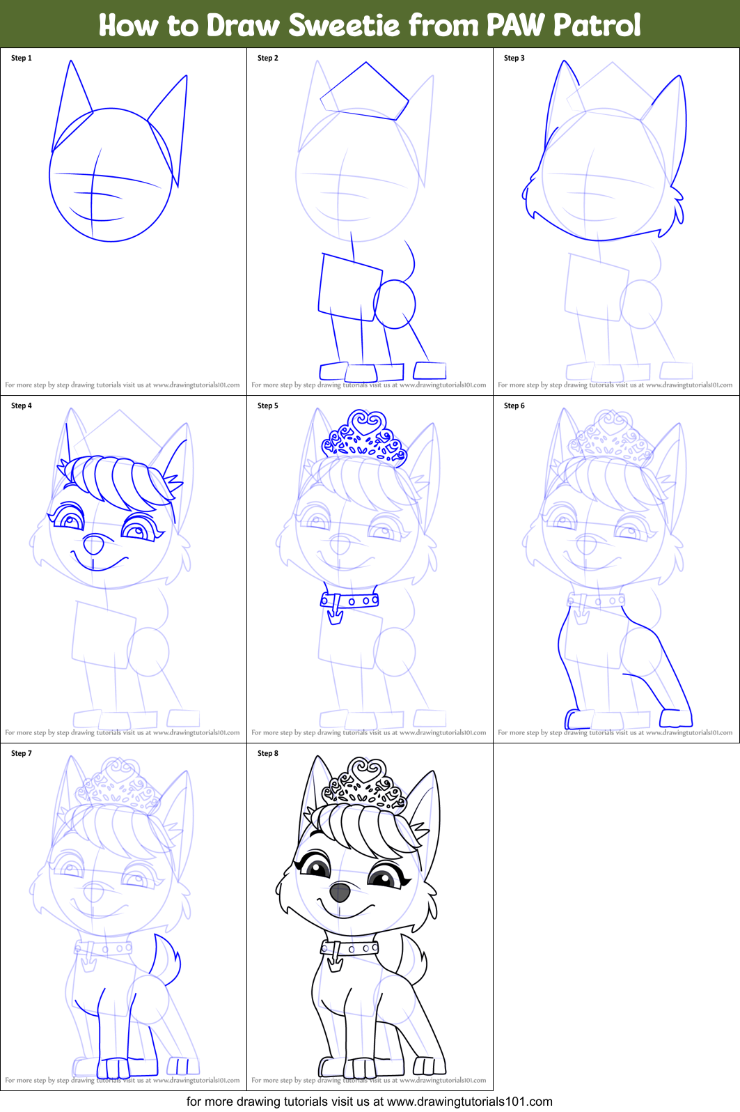 How to Draw Sweetie from PAW Patrol printable step by step 