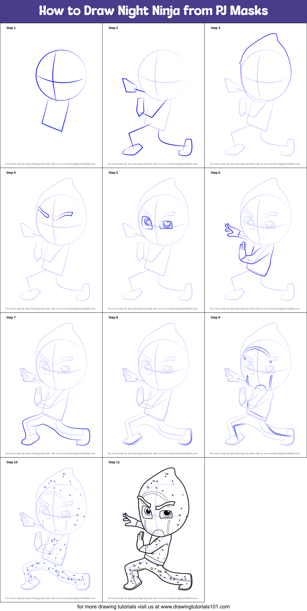 How to Draw Night Ninja from PJ Masks printable step by step drawing