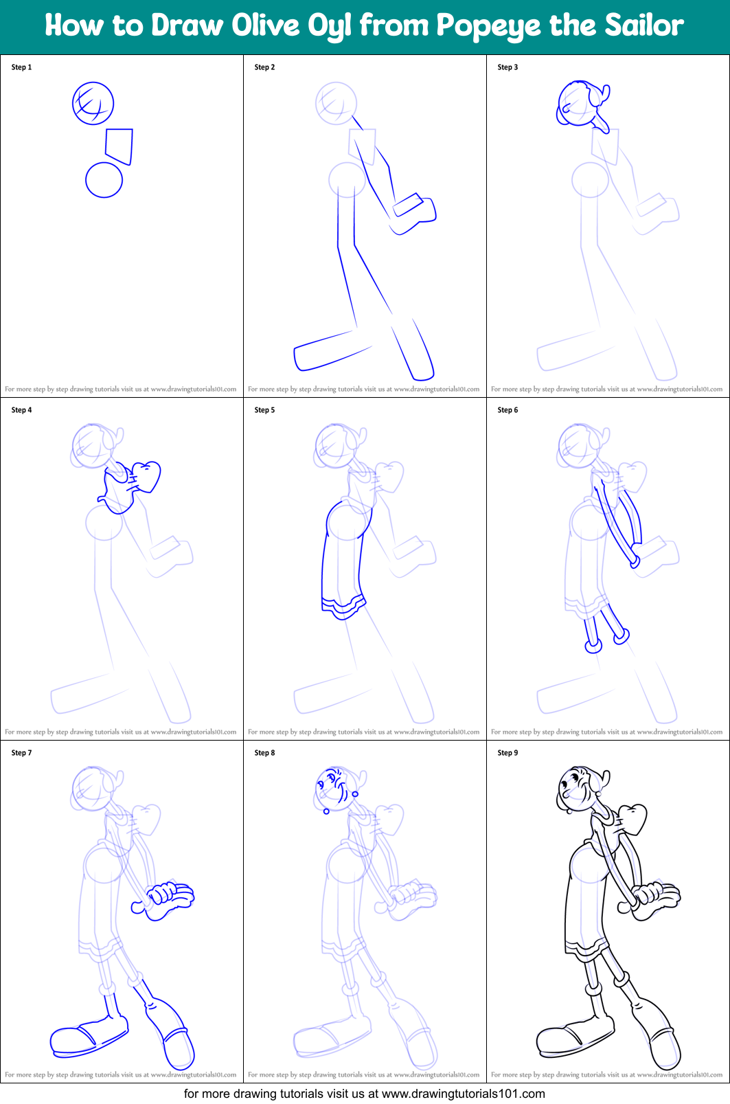 How to Draw Olive Oyl from Popeye the Sailor printable step by step