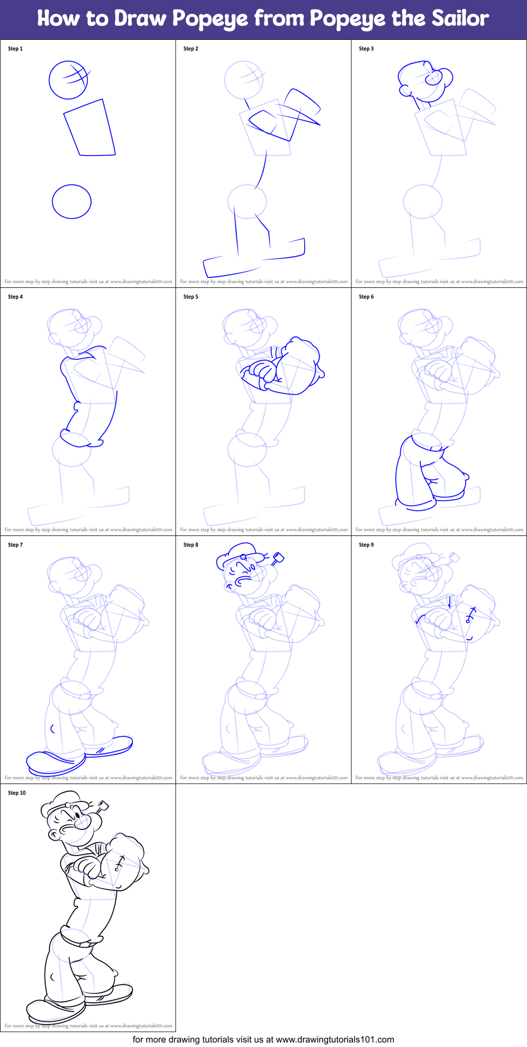 How to Draw Popeye from Popeye the Sailor printable step by step