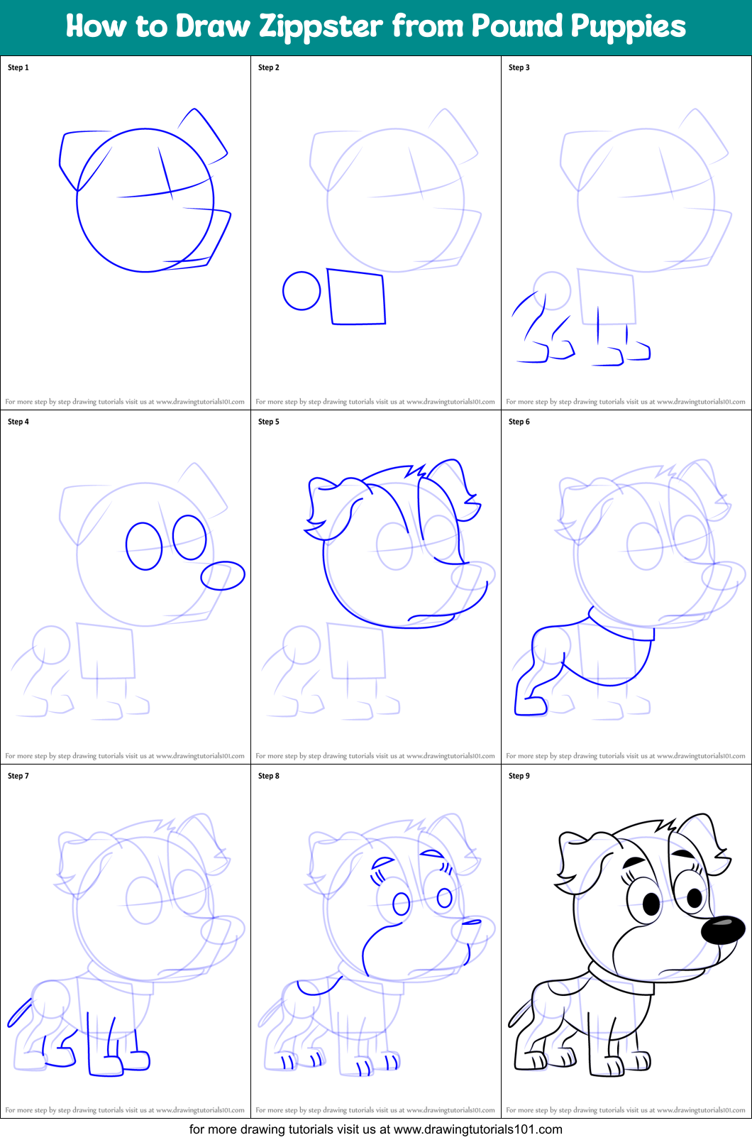 How to Draw Zippster from Pound Puppies printable step by step drawing ...