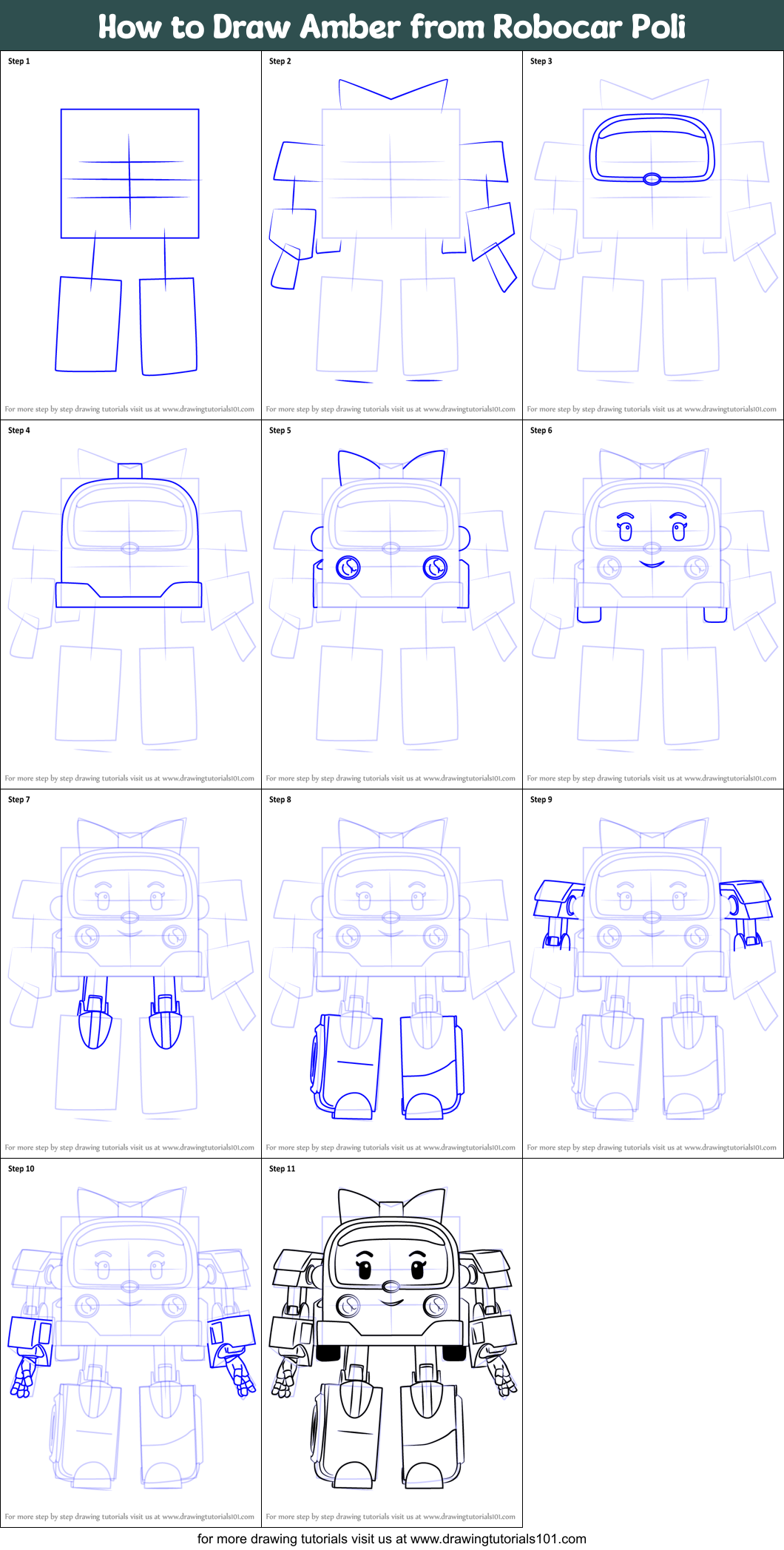 How to Draw Amber from Robocar Poli printable step by step drawing