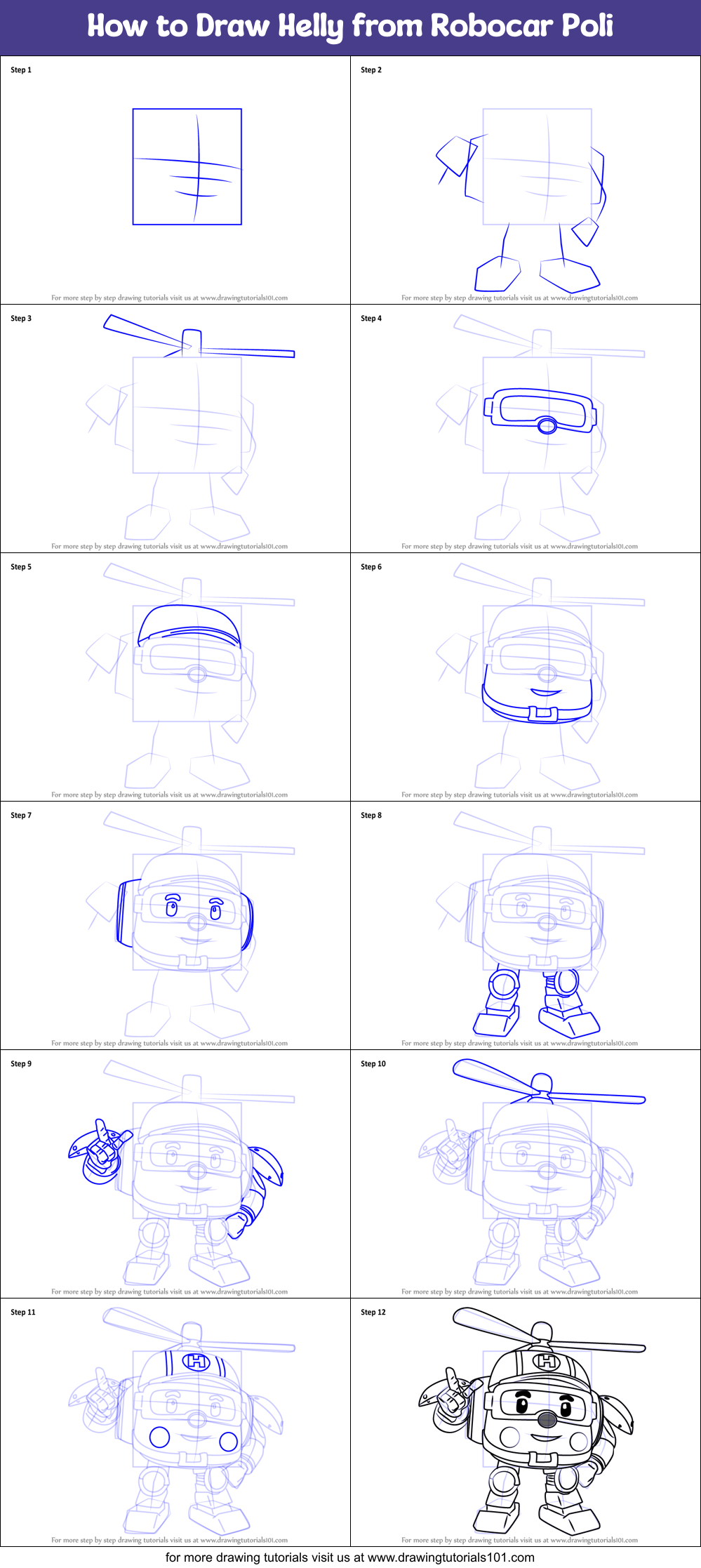 Download How to Draw Helly from Robocar Poli printable step by step drawing sheet : DrawingTutorials101.com