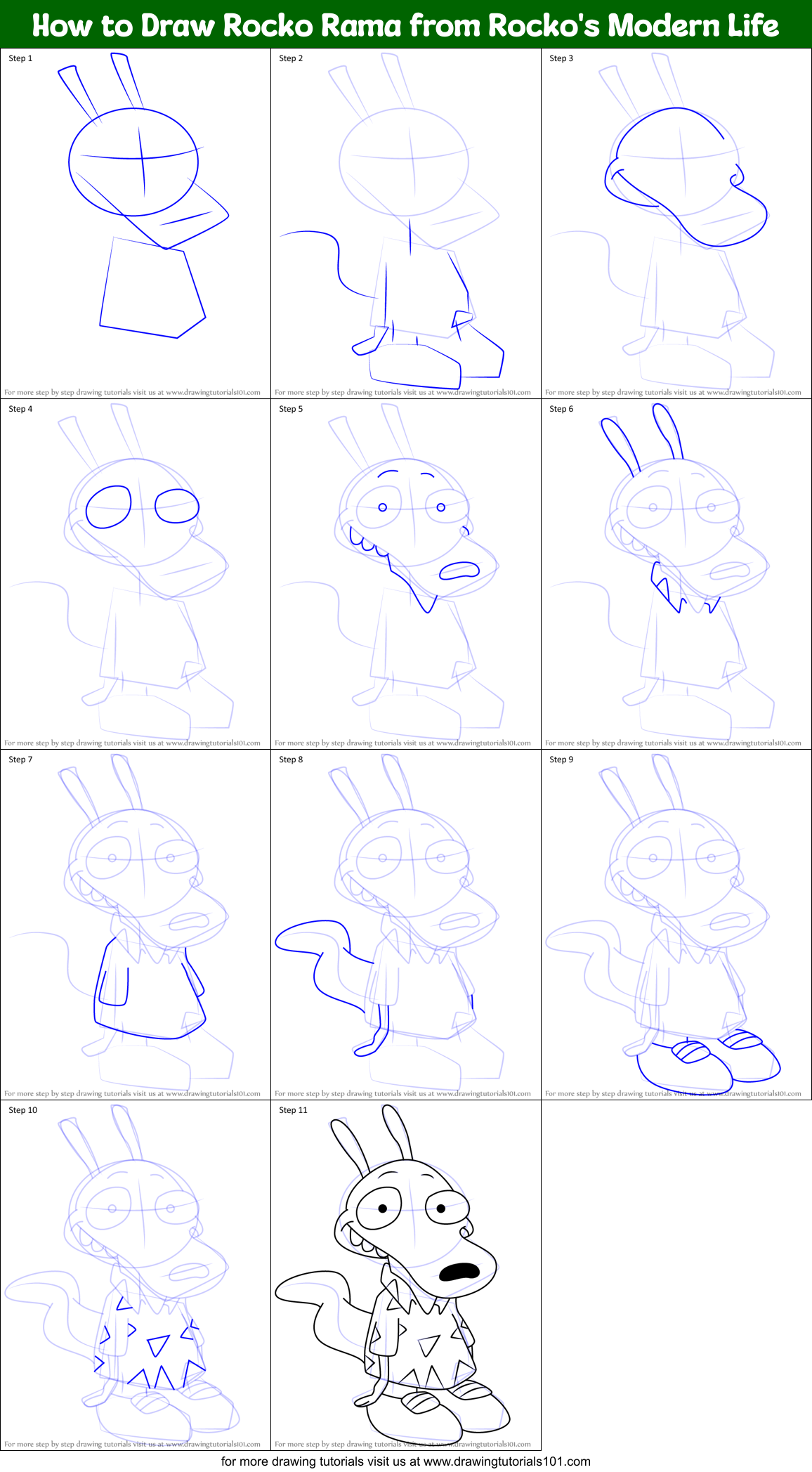 How to Draw Rocko Rama from Rocko's Modern Life printable step by step