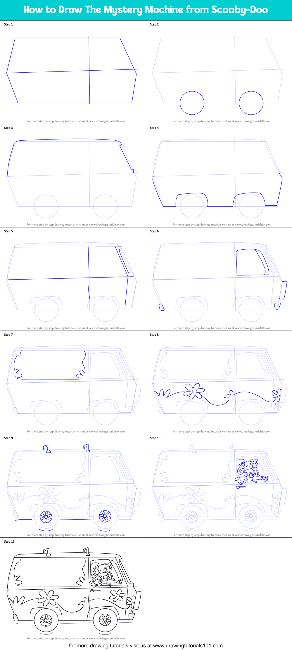 How to Draw The Mystery Machine from Scooby-Doo printable step by step