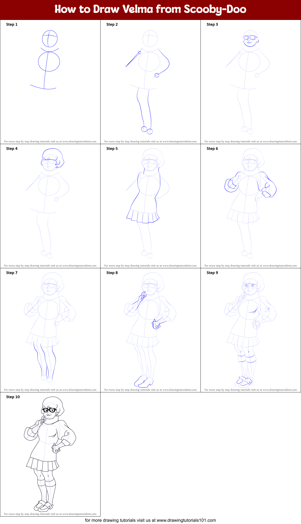How to Draw Velma from Scooby-Doo printable step by step drawing sheet
